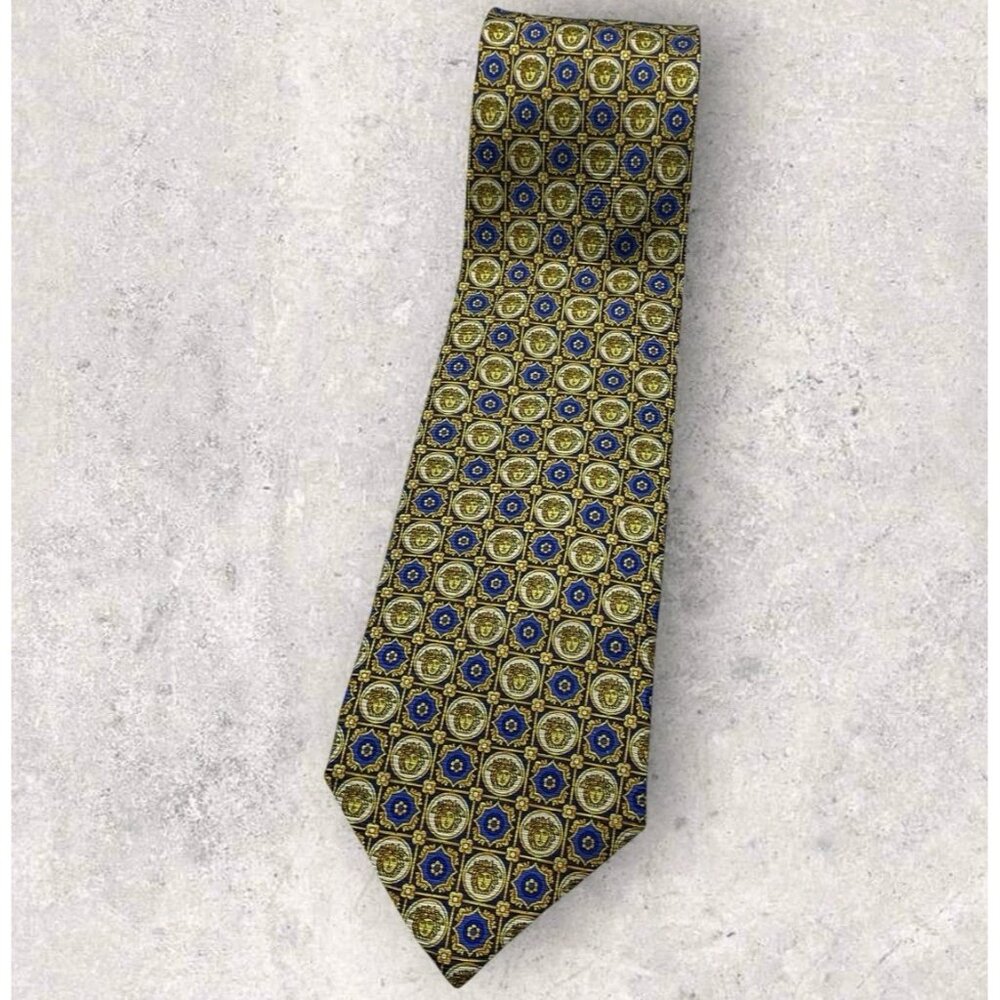 GIANNI VERSACE Silk Tie ITALY Gold Blue Geometric Monogram Medusa W:3.8" EUC